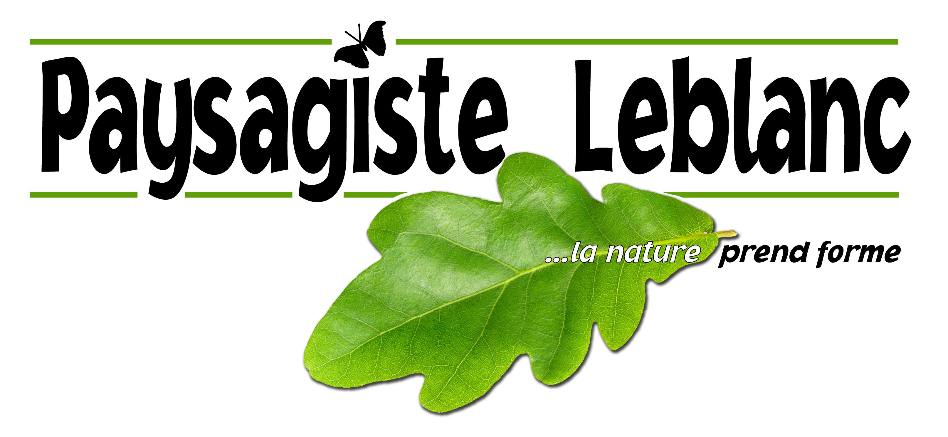 Logo Paysagiste Leblanc avec feuille de chêne, et 'la nature prend forme'